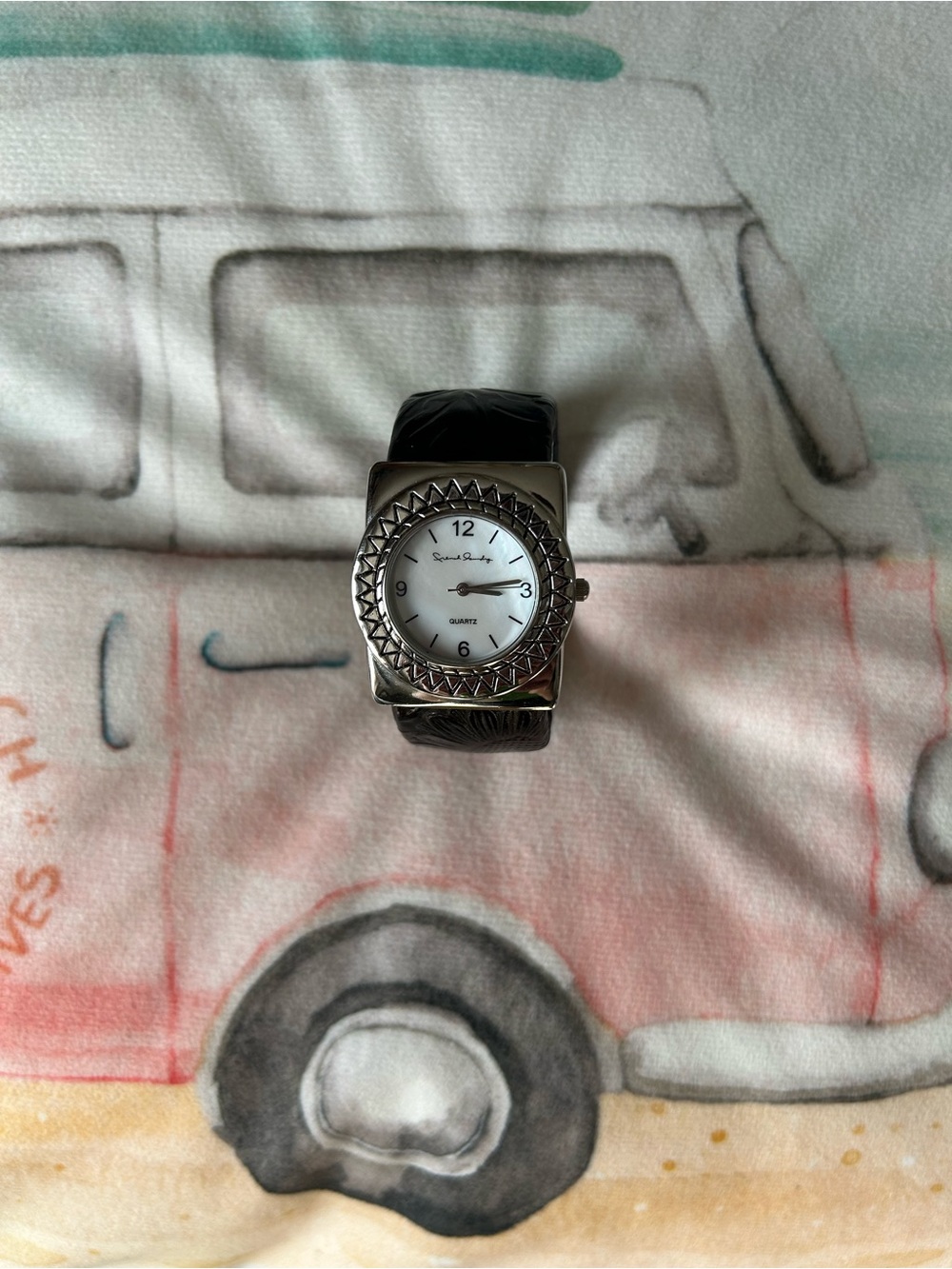 French Laundry Black Genuine Leather Stainless Steel Quartz Watch